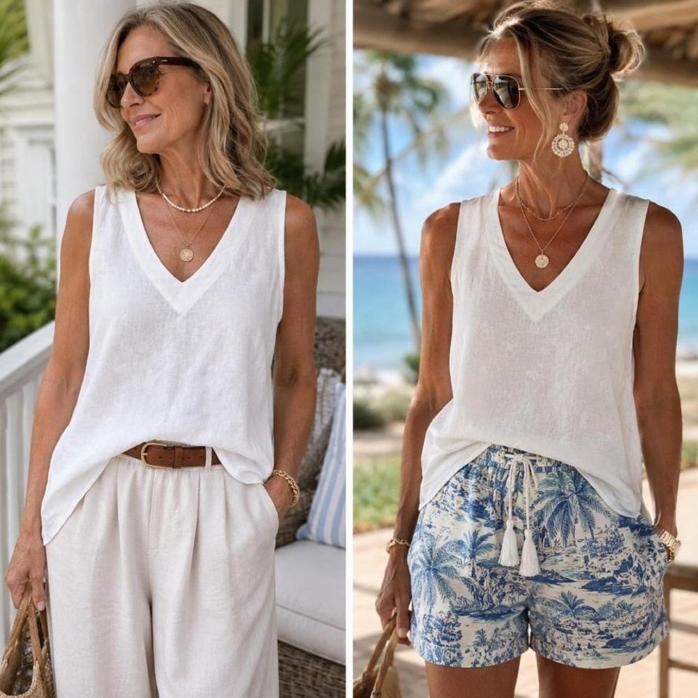 Kenar Linen Sleeveless Top White Pineapple V Neck Size L Coastal Beachy Resort